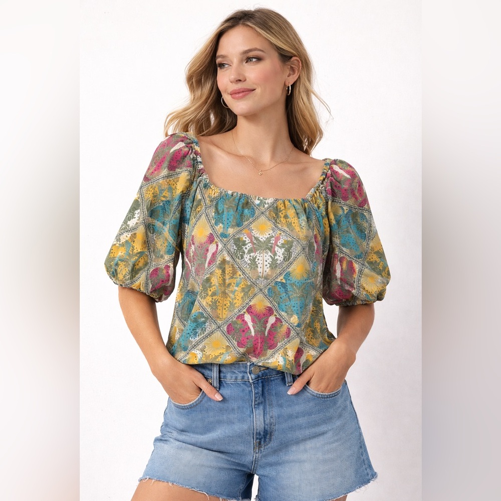 LOFT Multi-Color Puff-Sleeve Peasant Blouse
